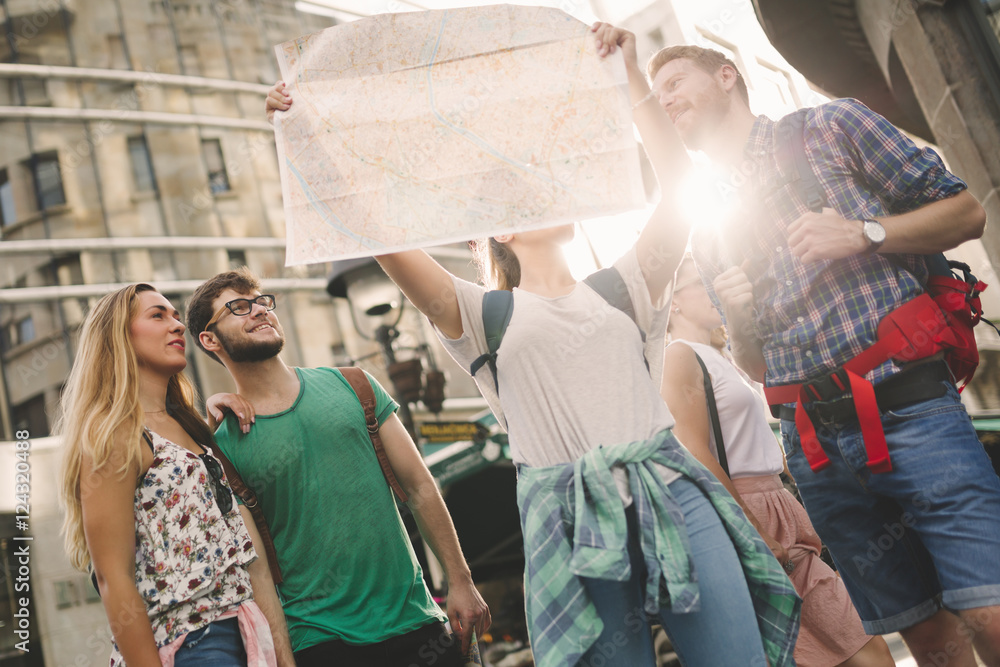 Happy traveling tourists sightseeing Happy traveling tourists sightseeing