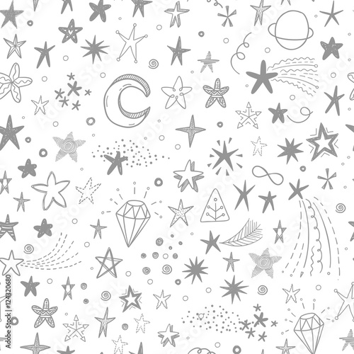 Cute vector background with hand drawn doodle funny stars  comets and moon