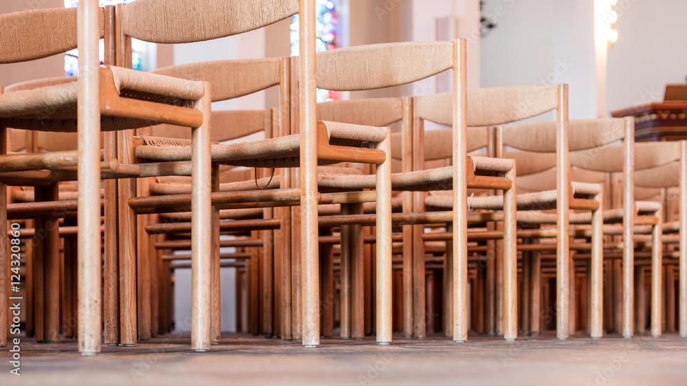 Rows of seats inside church, selective focus Rows of seats inside church, selective focus