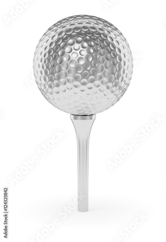 Silver golfball on tee isolated on white