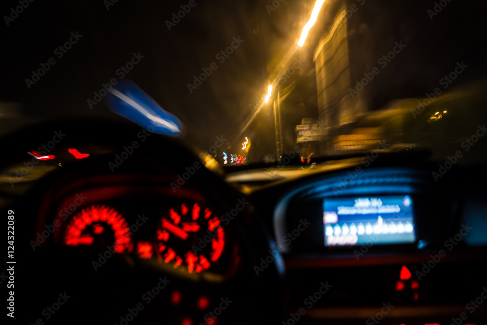 drunk driver goes at night. view from inside. abstract