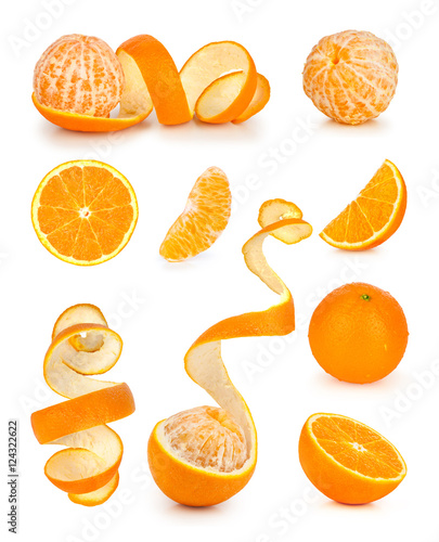 Collection of orange, slice and orange peeled skin isolated whit