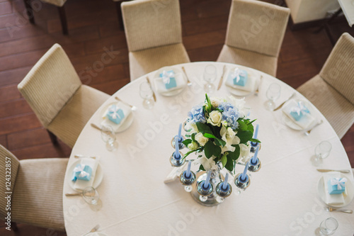 floral composition on the table at wedding reception  top view