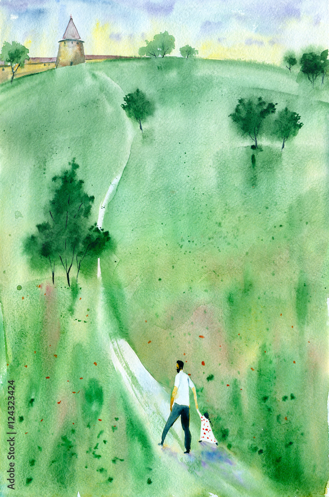 Obraz premium Watercolor painting. Illustration of summer landscape with old tower, green meadow and trees.