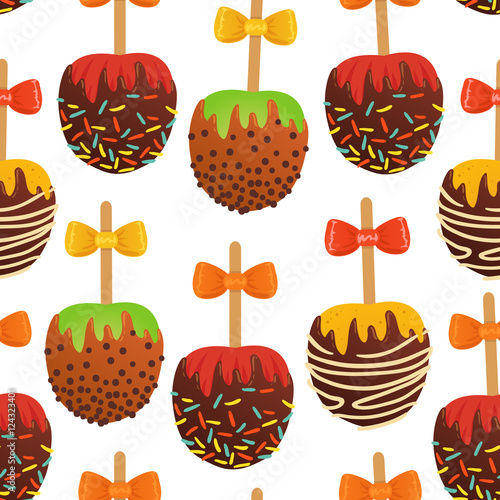 Vector seamless pattern with set of caramel apples. On white isolated background.