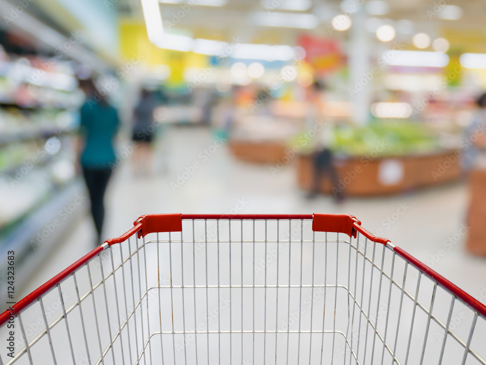 Shopping cart with Grocery store blur background