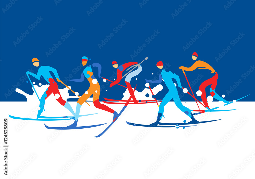 Cross Country Ski Race.
A stylized drawing of cross-country ski competitors.Vector illustration. Vector available.
