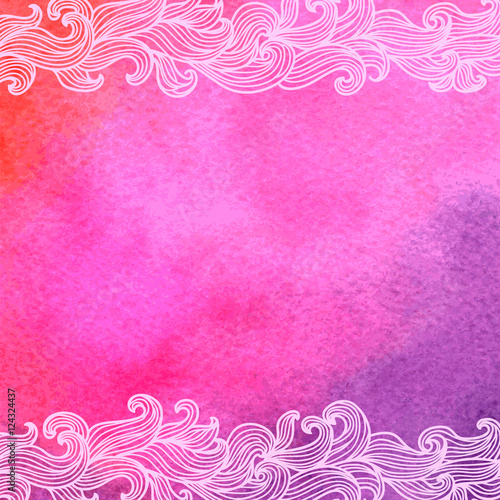 Purple watercolor background with beautiful hand drawn curly doodle waves in the top and bottom. Vector illustration.