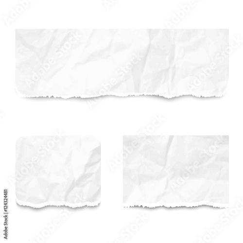 Set of realistic pieces of white torn crumpled paper, isolated on white background. Vector illustration.