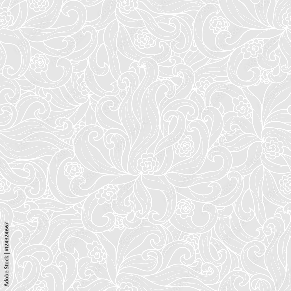 Fancy abstract hand drawn doodle repeating seamless pattern on light grey background. Vector illustration.