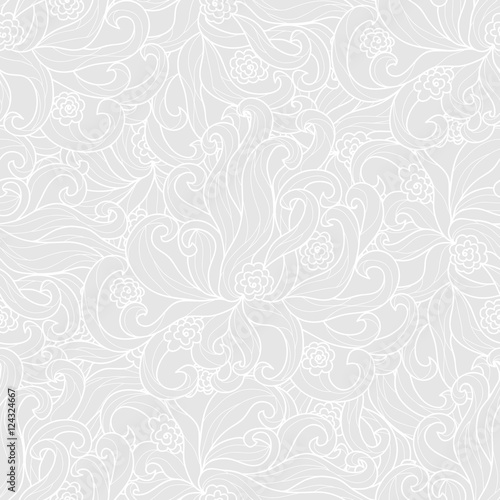 Fancy abstract hand drawn doodle repeating seamless pattern on light grey background. Vector illustration.