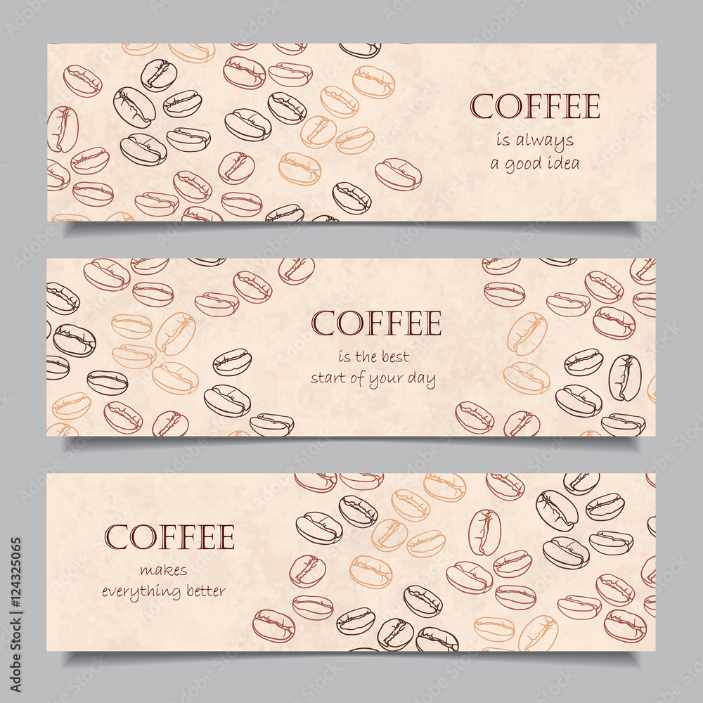 Set of three horizontal banners with silhouettes of coffee beans