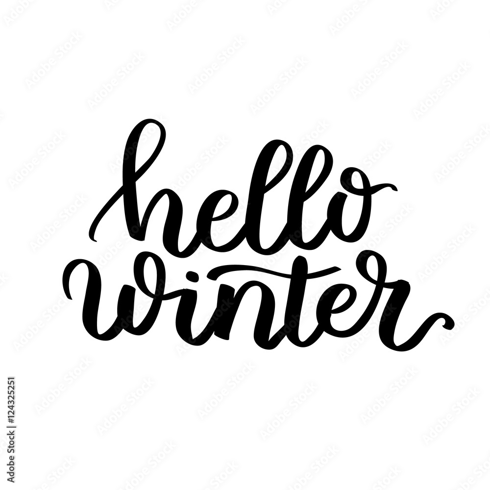 Hello winter text. Vector Brush lettering Hello Winter. Vector card design with custom calligraphy. Winter season cards, greetings for social media. Hello winter text. Vector Brush lettering Hello Winter. Vector card design with custom calligraphy. Winter season cards, greetings for social media.