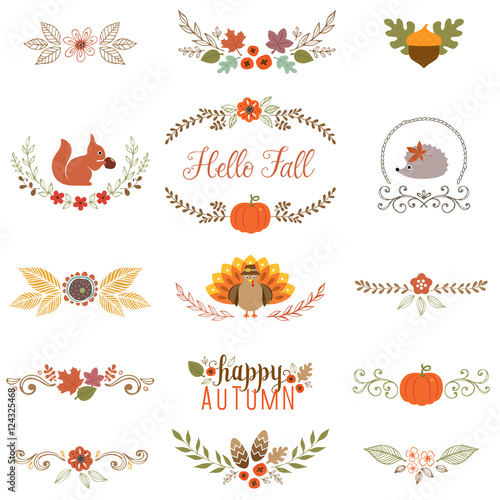 Autumn set with turkey, squirrel, hedgehog, fall leaves, floral motifs, pumpkin, acorn, wreath, laurels and banner.