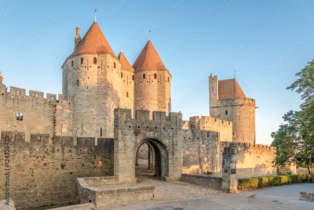View at the Narbonnaise Gate to Old City of Carcassonne - France