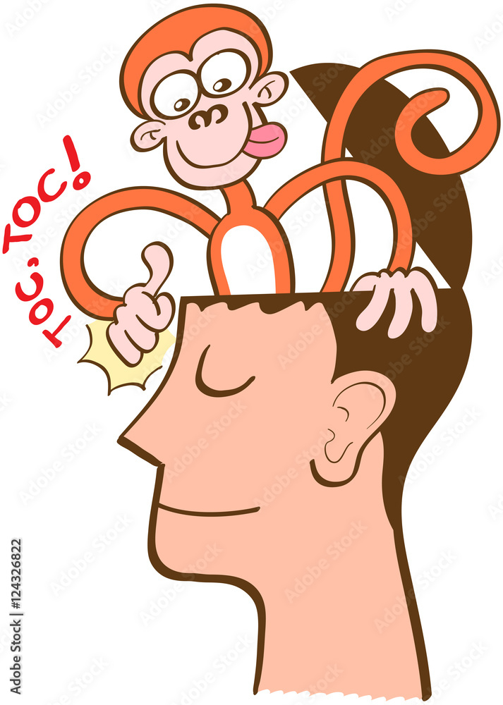 Obraz premium Mischievous monkey going out of the head of a man in meditation. The monkey is knocking on the front of the man's head. The man keeps meditating, perfectly serene and half-smiling