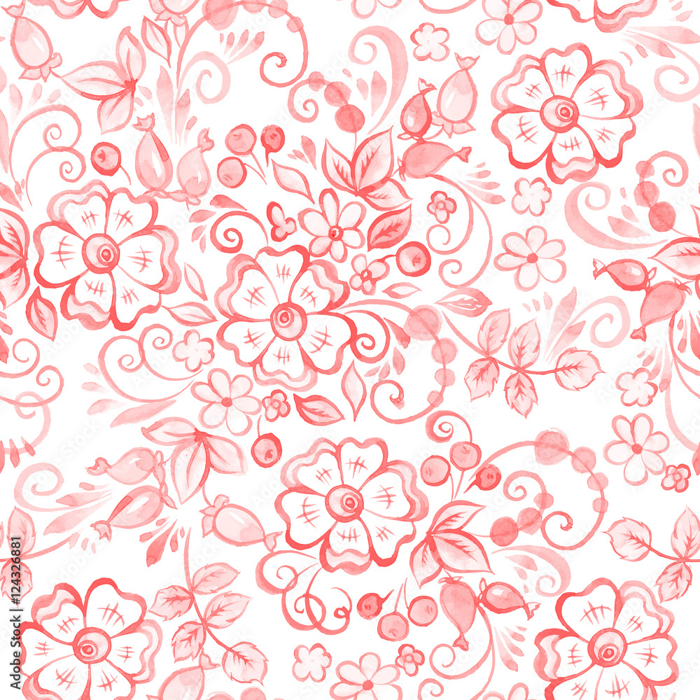 hand drawn flowers and leaf seamless pattern in russian folk style. vector floral background