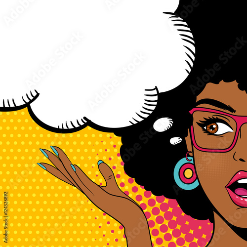 Sexy surprised afro american woman looking to the side with open mouth and speech bubble. Vector background in pop art retro comic style.