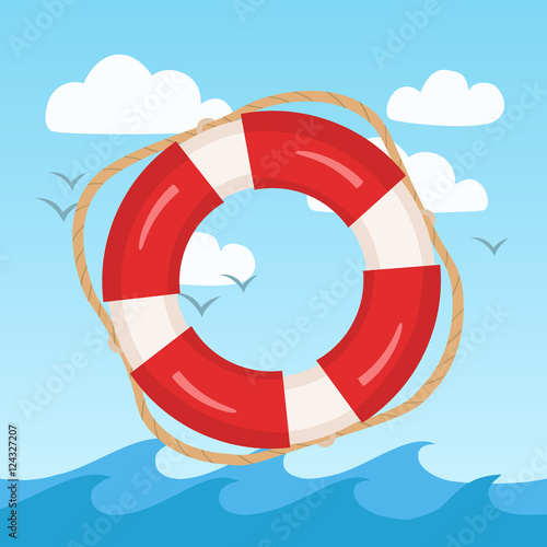 Vector illustration with lifebuoy in water, with clouds and seagulls. Summer time on the beach.