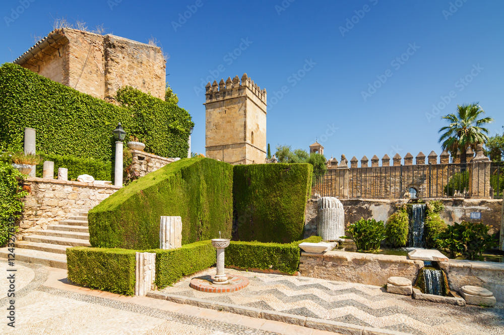 Fountain and gardens of Alcazar de los Reyes Cristianos, Cordoba, Andalusia province, Spain.