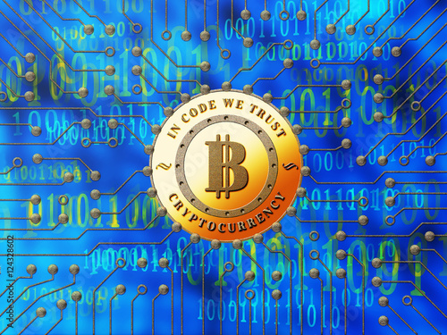 Fintech concept.  Abstract bitcoin connection on abstract digital binary code background.