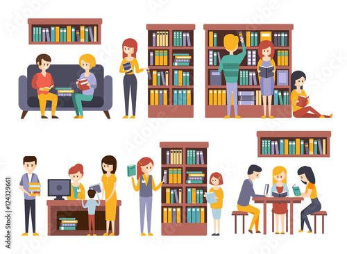 Library And Bookstore With People REading  Choosing Books