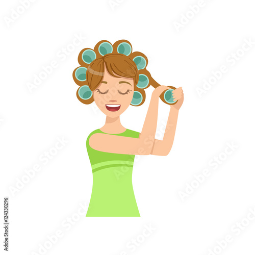 Woman Curling The Hair Home Spa Treatment Procedure