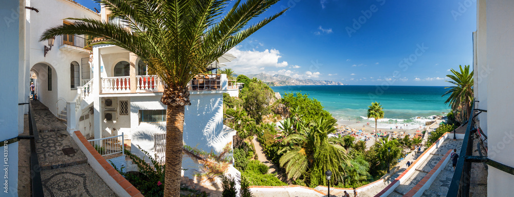 Sunny panoramic view of Mediterranean sea from viewpoint of Europe's balcony in Nerja, Andalusia province, Spain.