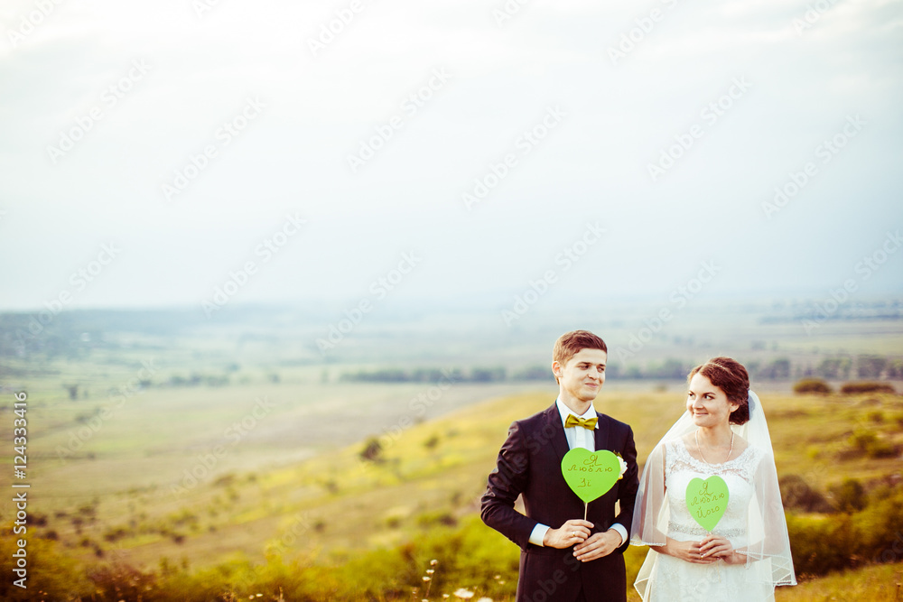 Funny wedding couple poses with green paper hearts on the field Funny wedding couple poses with green paper hearts on the field