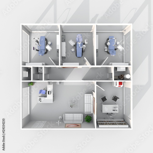 3d interior rendering of square furnished dental clinic