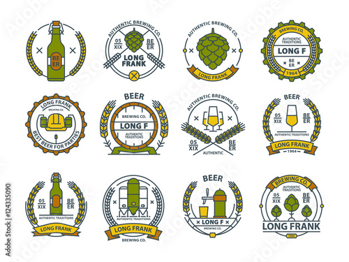 Outline colorful vector beer emblems, symbols, icons, pub labels, badges collection.
