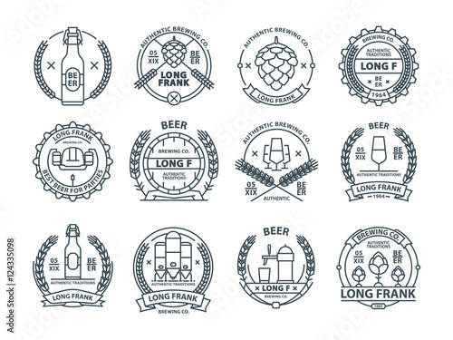 Outline colorless vector beer emblems, symbols, icons, pub labels, badges collection.