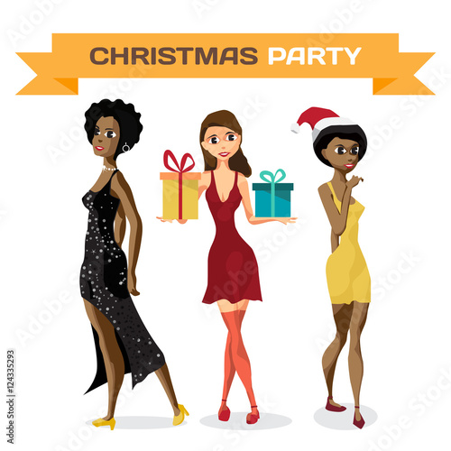 Young women in costumes for the Christmas party. Vector flat car
