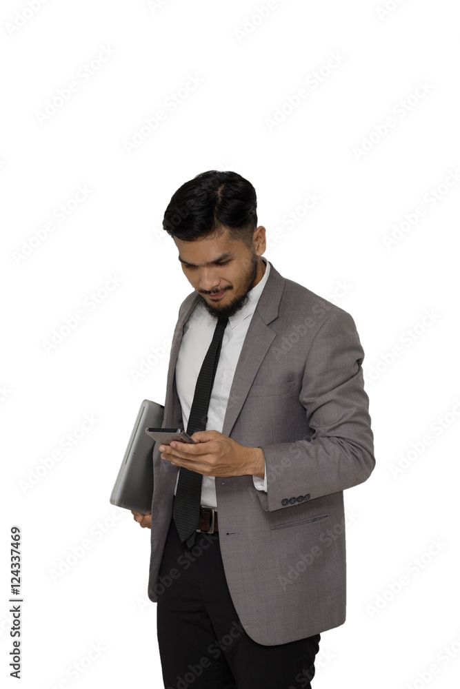 Businessman with smart IT on white background Businessman with smart IT on white background