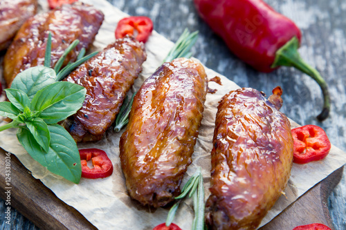 Baked spicy chicken wings in the Asian style