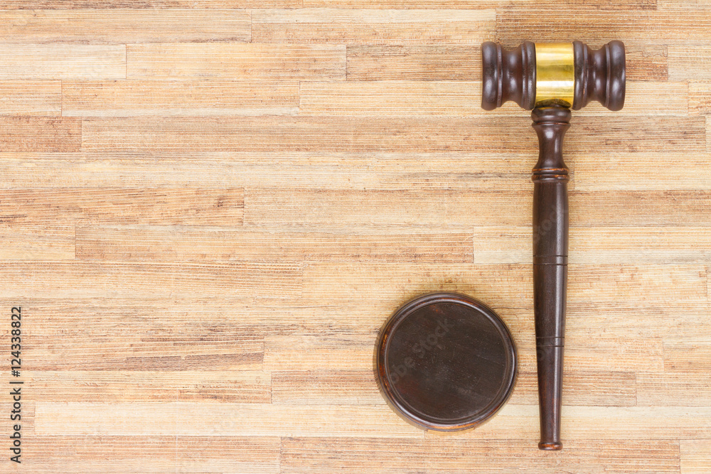 Fototapeta premium Wooden Law Gavel, copy space on wooden table