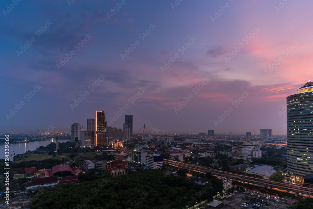 Cityscape of Bangkok on foggy day in twilight , Thailand