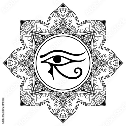 Circular pattern in the form of mandala. The ancient symbol Eye of Horus. Egyptian Moon sign - left Eye of Horus. Mighty Pharaohs amulet. Decorative pattern in oriental style.
