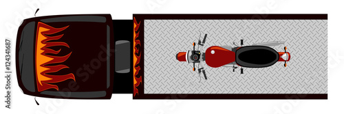 Top view of tow truck with classic motorcycle isolated color illustration