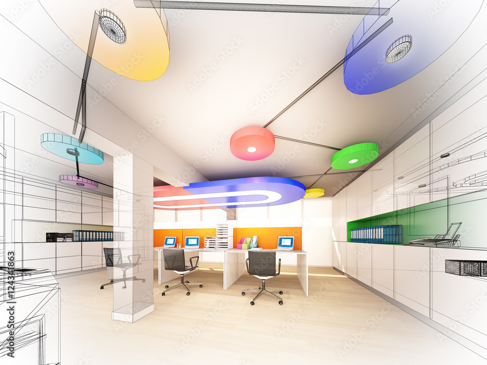 Naklejka premium sketch design of interior office, wire frame 