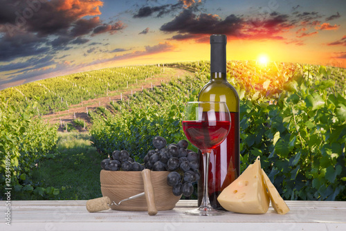 Fototapeta Naklejka Na Ścianę i Meble -  Glass of red wine on the terrace vineyard