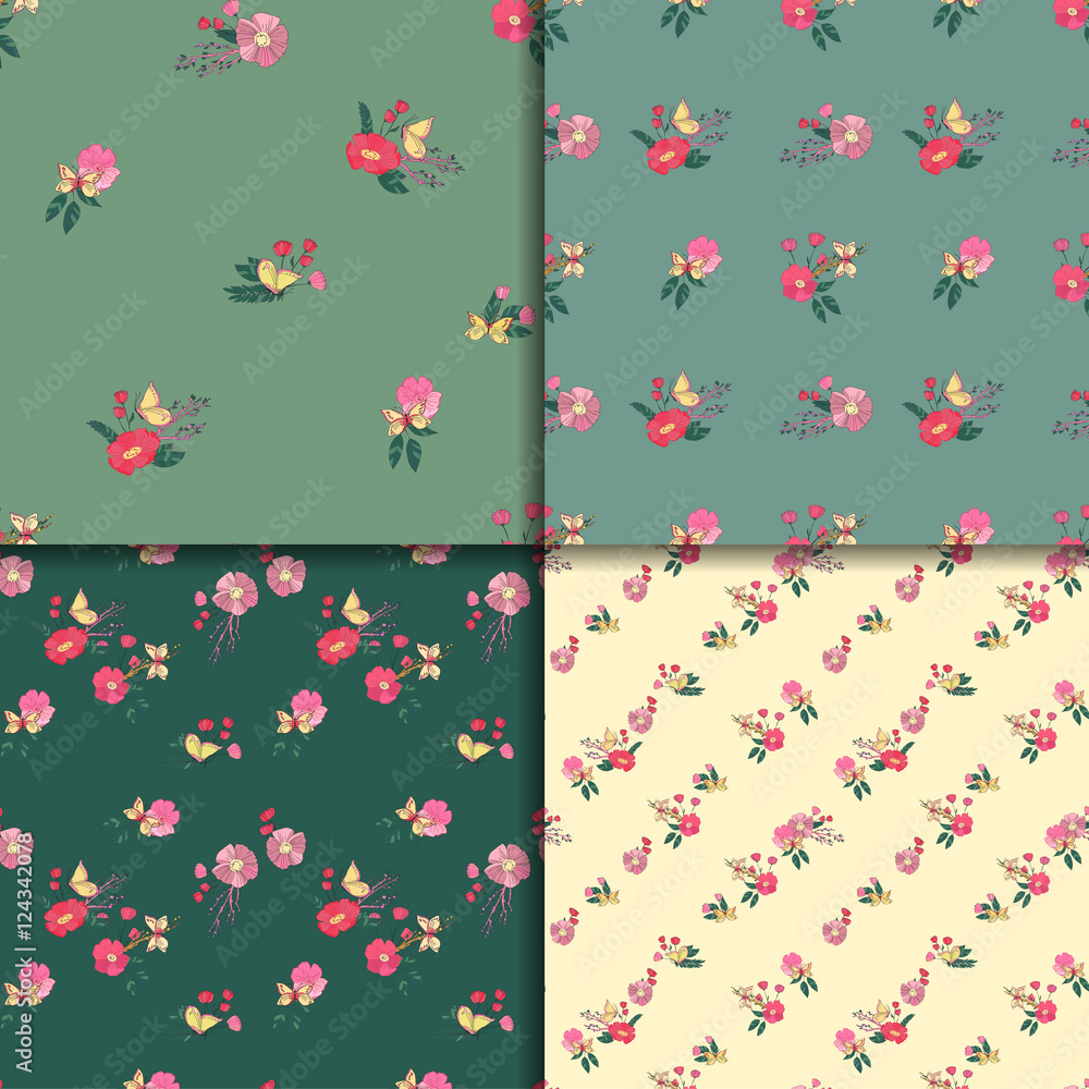 Fototapeta premium Seamless Vintage Wildflowers Pattern Set