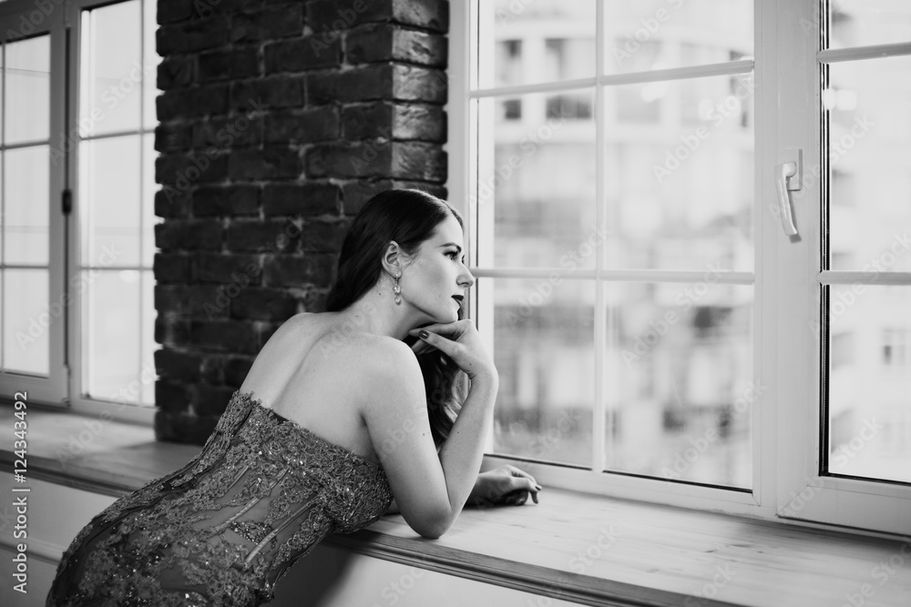 Fotografie Black and white art portrait of pensive beautiful woman
