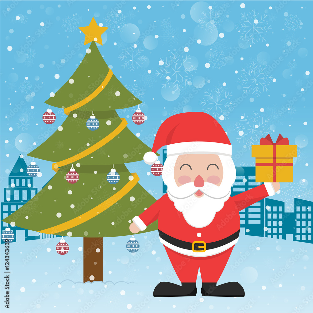 Santa Claus next to Christmas tree with gift box Santa Claus next to Christmas tree with gift box