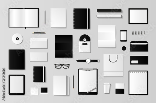 Corporate identity template set. Business stationery mock-up with logo. Branding design. Notebook, card, catalog, pen, pencil, badge, tablet pc mobile phone letterhead