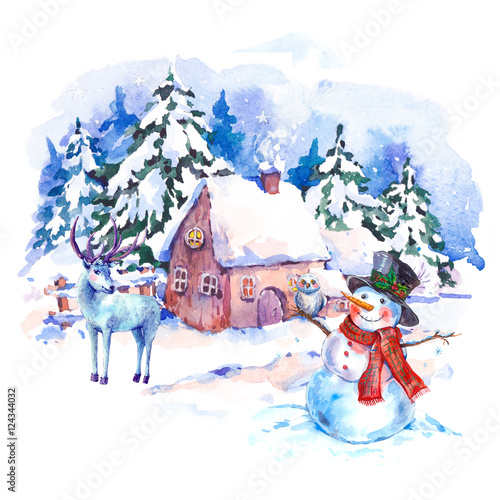 Cozy countryside watercolor winter landscape