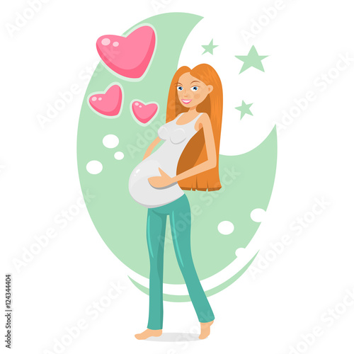 Layered vector illustration of a young pregnant girl holding her hands on her belly and loving her unborn baby.
