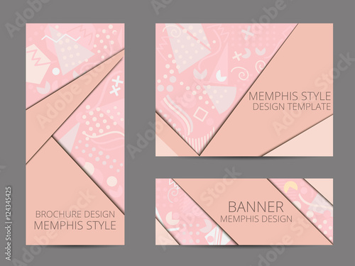 Design brochure in memphis style. Geometric memphis pattern banner and flyer. Brochure design template. Vector illustration.