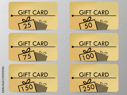 Gift card with a gift box. Realistic gift card with a gradient background color. Set of vector illustrations.