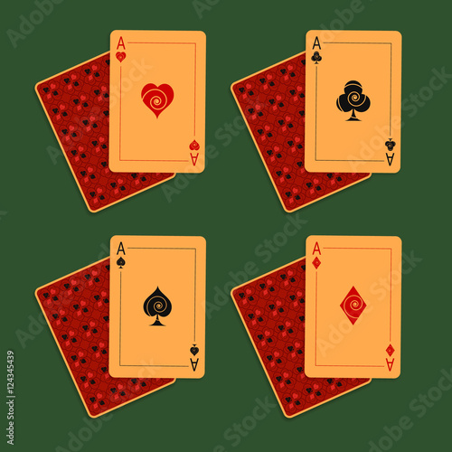 Decorated original playing cards aces. Four suits, including spades, hearts, clubs and diamonds. One card is open, other is closed. Isolated on green background. Vector illustration, eps 10.
